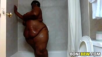 My big ass black BBW shines in the shower