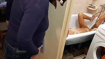 Stepmom spying on my girlfriend in bathroom, getting off! 😳