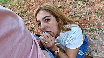 Amateur neighbor gives deepthroat blowjob and swallows cum in the countryside