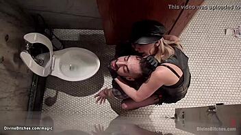 Femdom fucks face to bound man gently.