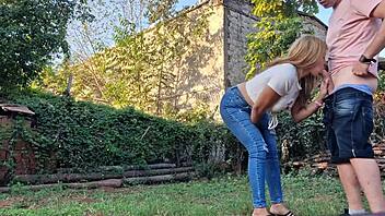 Amateur neighbor gives deepthroat blowjob and swallows cum in the countryside