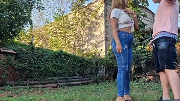 my latina neighbor gives a deepthroat blowjob on my homemade property