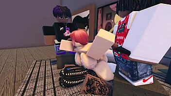 Makima experiences a rough anal pounding in a group sex session on Roblox