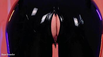 Aroused woman in latex attire teases and seduces in first-person video