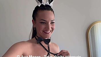 A European amateur brunette in a bunny costume takes a big cock deepthroat and anal, ending with creampie