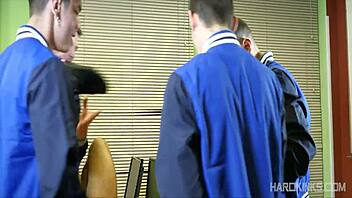 A participates in a group orgy with twinks. Bareback banging and spitting included.