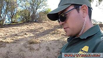 male police stripper performs outdoor striptease for border hopping redhead who loves his cock