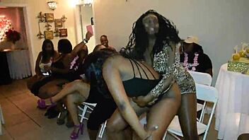 Lil Mama Bends Over for Ebony Femdom Orgy Cumshot