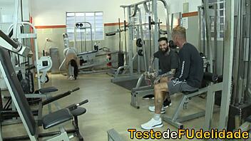 Busty gym babe gives the most intense blowjob
