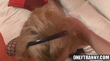 Foxy blonde shemale surprises with intense blowjob and handjob on stiff cock