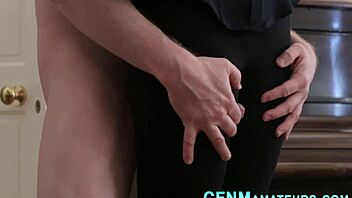 the skinny blonde babe gives handjobs and blowjobs in this cfnm scene, looking bored