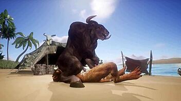 Minotaur fucks lion anally, cums in mouth, rimjob included