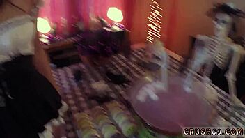 teen gets crazy with boss in pov swallow session during halloween fun