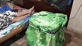 Beautiful girl emerges from box to lick pussy until climax.