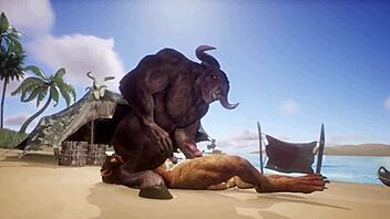 Minotaur fucks lion anally, cums in mouth, rimjob included