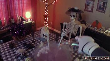 teen gets crazy with boss in pov swallow session during halloween fun