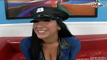 Black haired babe in police costume with big boobs