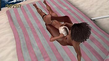 3d beach lesbians kiss and lick each other.