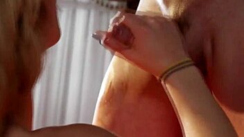 blondie with pierced nips gives horny handjob 😍