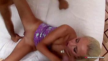 Petite blonde shared in steamy group action with two guys