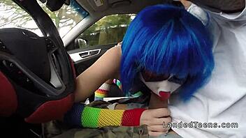 A teenage hitchhiker gives outdoor blowjob to couple's penis