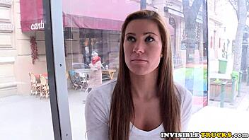 European beauty gives a public blowjob before doggy style