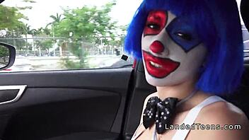 clown teen 18+ sucking huge cock outdoors in pov