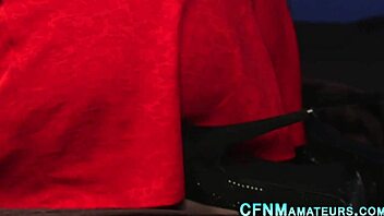 Amateur CFNM babe in stockings gives oiled handjob to brunette