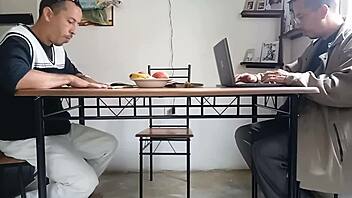 sucking partner's cock under table while cuckold closes deals 😏