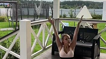 Babe With Small Waist Stretching Early In The Morning