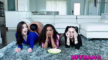 Cute teen 18+ sluts sharing a hard dick on movie night! 🍿