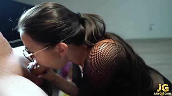 the sexy brunette girlfriend sucks and jerks off his cock after work