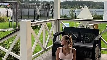 Babe With Small Waist Stretching Early In The Morning