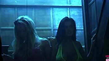 Two beautiful girls with big tits kiss while drilled by a big cock