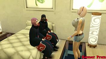 Kakuzu and Sakura's threesome encounter with two friends in HD Hentai