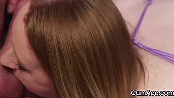 Flirty bombshell swallows a jizz load right on her face.
