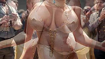 Sexy AI-generated babe in a corset undresses and reveals her voluptuous breasts