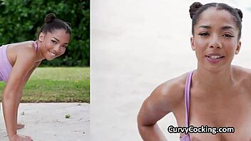 shiny oily black pussy drilled by pool