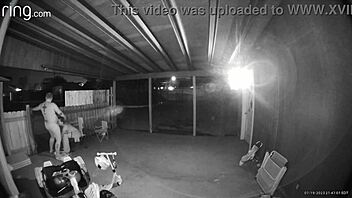 wife sucks and fucks outdoors on ring camera, caught from behind