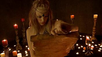 in cosplay ritual with candles she masturbates outdoors