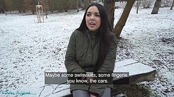 A Spanish beauty exposes her large natural breasts in a public setting covered in snow, leading to a passionate encounter with an eager partner.