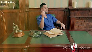 Gay doctor masturbates right on the work table