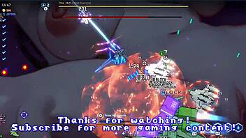 Seductive striptease with anime-inspired wings in a video game-like setting