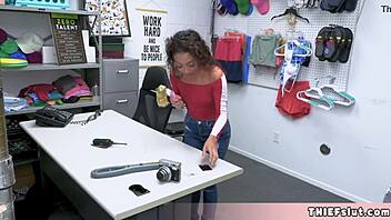 Cute ebony thief with small tits smiles during bent over interracial doggystyle