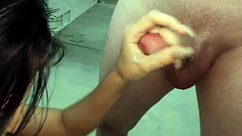 busty babe jerks dick close up and swallows cum from neighbor