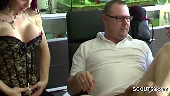 wife in lingerie gives blowjob and gets cumshot in german milf threesome