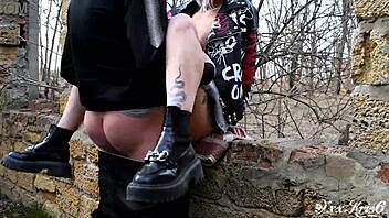 A stunning blonde engages in outdoor sex and swallows cum