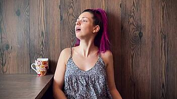 Sensual kitchen encounter with moaning and orgasmic facial expressions