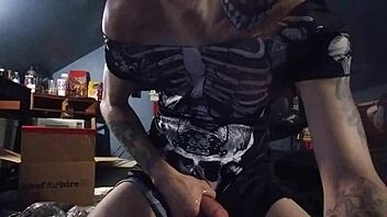 white shemale masturbates with fingering and cock