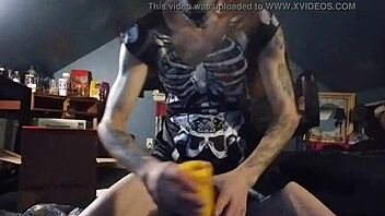 white shemale masturbates with fingering and cock